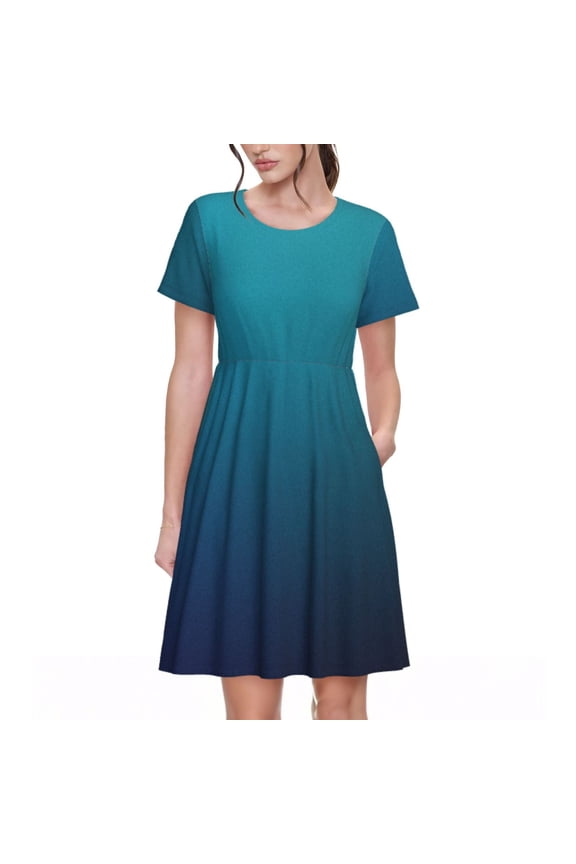 Blue and Teal Gradient Pattern Women's Short Sleeve Summer Dress Pleated Loose Swing Knee Length Short Sleeve Swing Dresses