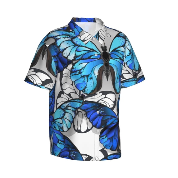 Picia Blue and White Butterflies Gentle Cotton Regular Fit Short Sleeve Casual Hawaiian Shirt for Men-3X-Large