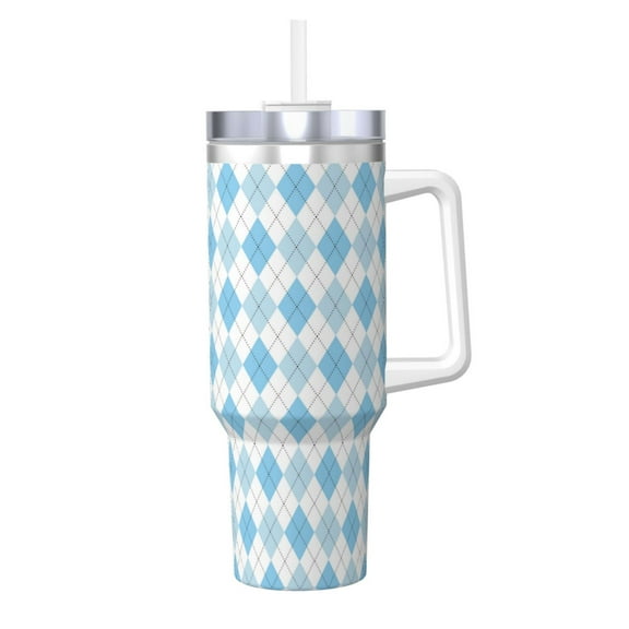 Picia Blue and White Squares Pattern 40oz Ice Bully Insulated Tumbler with Handle, Double-Wall Stainless Steel Cup, Leak-Proof Lid and Straw