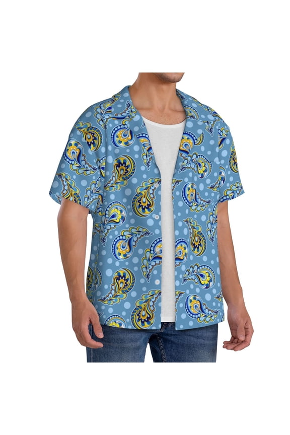 Blue paisley pattern Men's Linen Shirts Short Sleeve Cuban Beach Shirts Casual Shirts Button Down Shirt for Men Beach Summer Wedding Shirt-X-Large