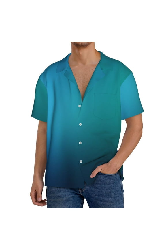 Blue to turquoise Pattern Men's Linen Shirts Short Sleeve Cuban Beach Shirts Casual Shirts Button Down Shirt for Men Beach Summer Wedding Shirt-Large