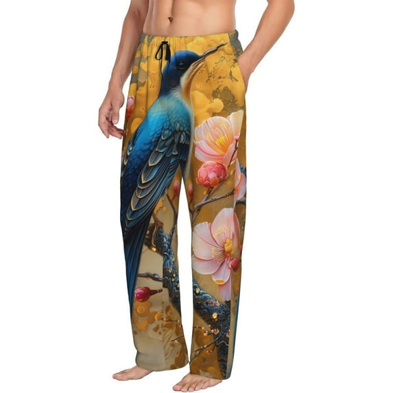 Picia Bluebird Blossom Elegance Mens Soft Woven Cotton Elastic Waistband Sleep Pajama Pant Lounge Sleep Pant With Pockets And Drawstring-Large