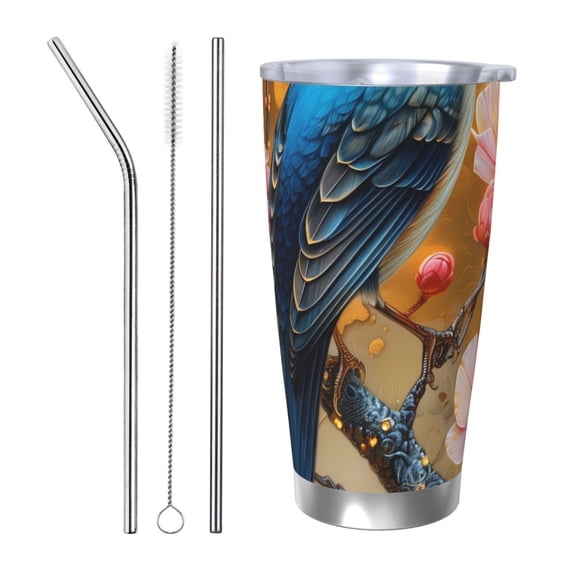 Picia Bluebird Blossom Elegance Pattern 20 oz Tumbler Stainless Steel Vacuum Insulated Coffee Ice Cup Double Wall Travel Flask Dual Lid Water Bottle, Eco-friendly Car Cup-Straw Three-piece Set
