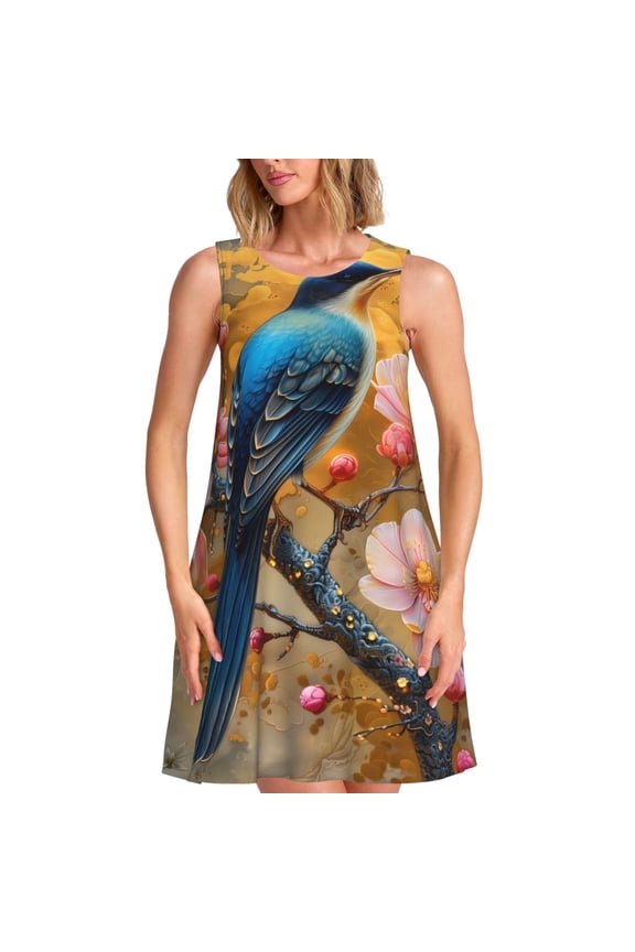 Bluebird Blossom Elegance Print Women’s Sleeveless Midi Swing Dress – A-Line Pleated Tank Sundress, Comfortable and Flowy T-Shirt Dress