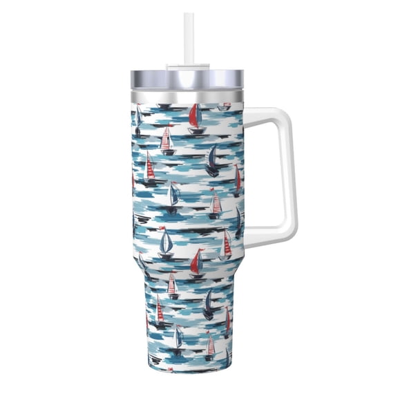 Picia Boat In Ocean Pattern 40oz Ice Bully Insulated Tumbler with Handle, Double-Wall Stainless Steel Cup, Leak-Proof Lid and Straw