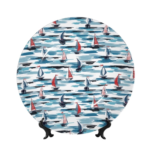 Picia Boat In Ocean Pattern Bone China Decorative Plate – Wall Decor with Stand and Adhesive, Elegant Ornament for Living Room, Office, or Entryway-7in