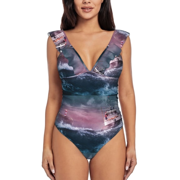 Picia Boat Lighthouse Storm Waves Blooming Jelly Womens Tummy Control Bathing Suits Slimming Ruffle Swimsuit One Piece Lace Swimwear-