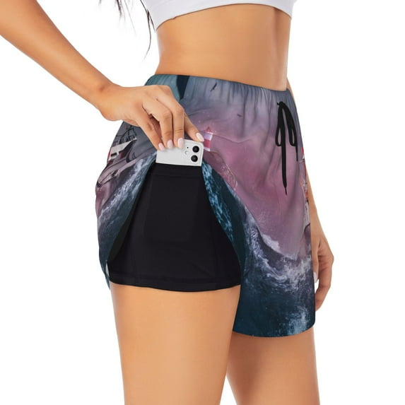 Picia Boat Lighthouse Storm Waves Pattern Women's 2 in 1 Athletic Running Shorts High Waisted Workout Casual Gym Sweat Shorts with Comfy Liner Zipper Pockets-