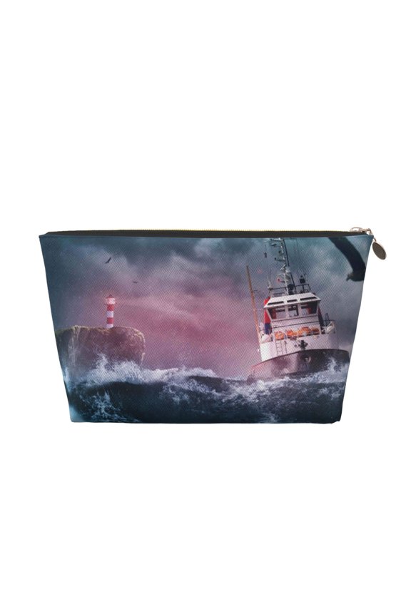 Boat Lighthouse Storm Waves Printed Leather Travel Toiletry Bag,Cosmetic Organizer, Makeup Travel Bag, Durable Travel Pouch, Compact Toiletry Bag, Travel Accessories