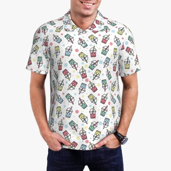Picia Boba Milk Tea Print Men's Polo Shirt, Two-Button Closure Pique Polo Shirt, Summer Fashion Golf Shirt-3X-Large
