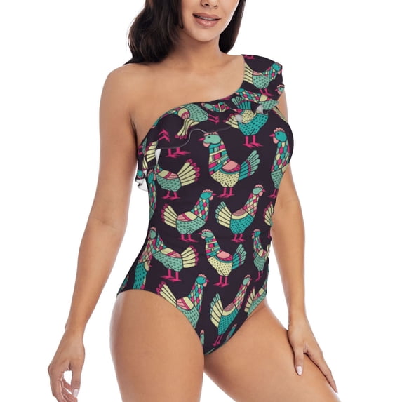 Picia Bohemian Chicken Pattern Women's One Piece Swimsuits,One Shoulder Swimwear Asymmetric ,Ruffle Monokinis Bathing Suits,High Waisted Flattering Bathing Suits-Large