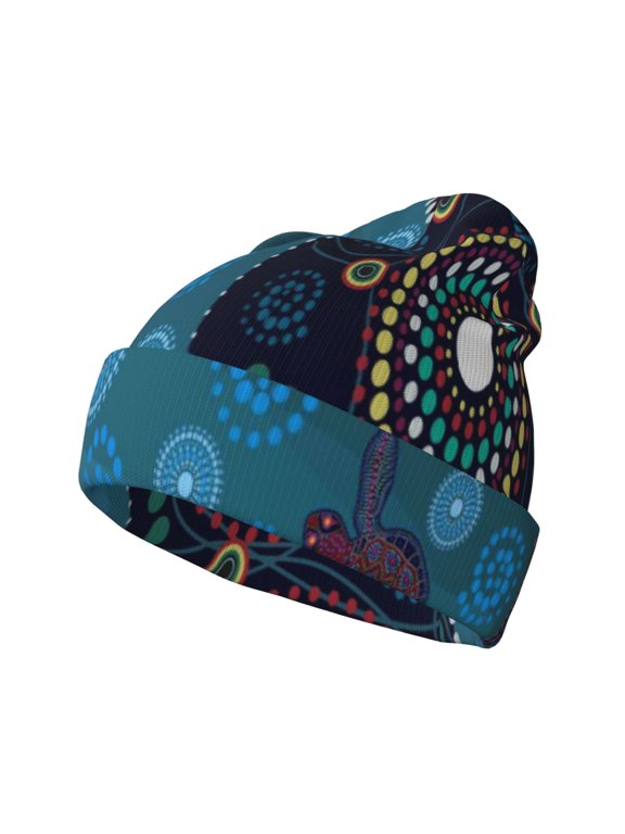 Bohemian Turtle Pattern Knitted Beanie Hat for Men and Women , Unisex Winter Warm Stretchy Knit Cap Thick Fisherman Beanies Cuffed Plain Skull Caps