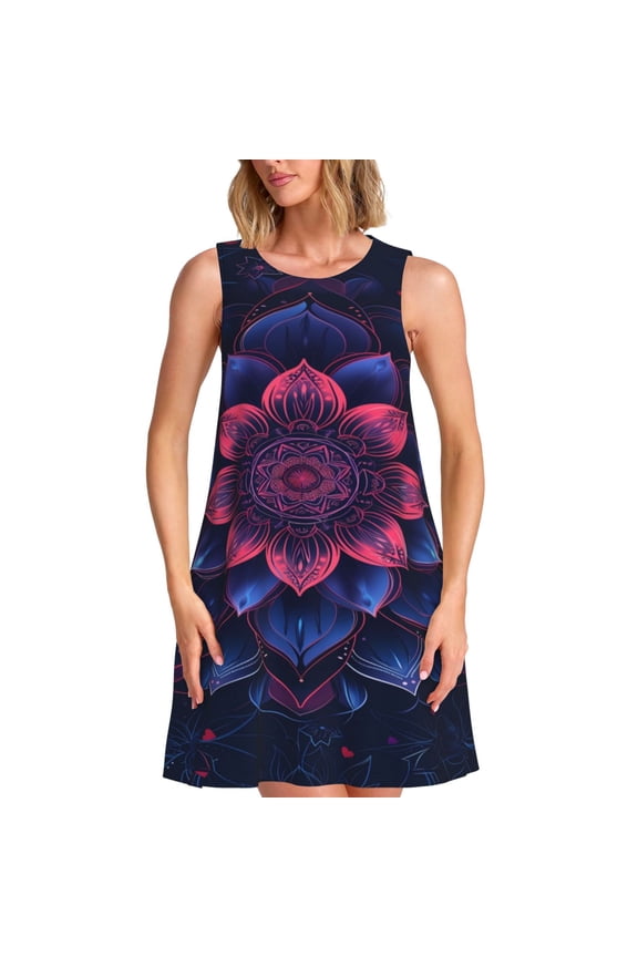 Bohemian Vintage Pattern Print Women’s Sleeveless Midi Swing Dress – A-Line Pleated Tank Sundress, Comfortable and Flowy T-Shirt Dress