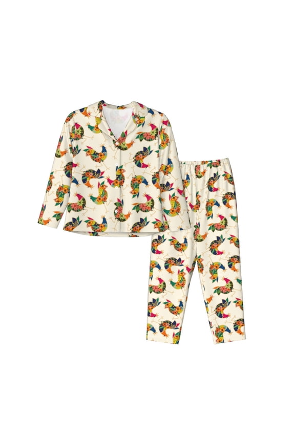 Boho Chicken Pattern Women’s Long-Sleeve Sleepwear Set - Soft 2-Piece Loungewear with Pockets, Comfy PJs for Relaxing Nights-Large