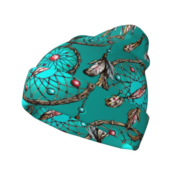 Picia Boho Dreamcatcher Pattern Knitted Beanie Hat for Men and Women , Unisex Winter Warm Stretchy Knit Cap Thick Fisherman Beanies Cuffed Plain Skull Caps