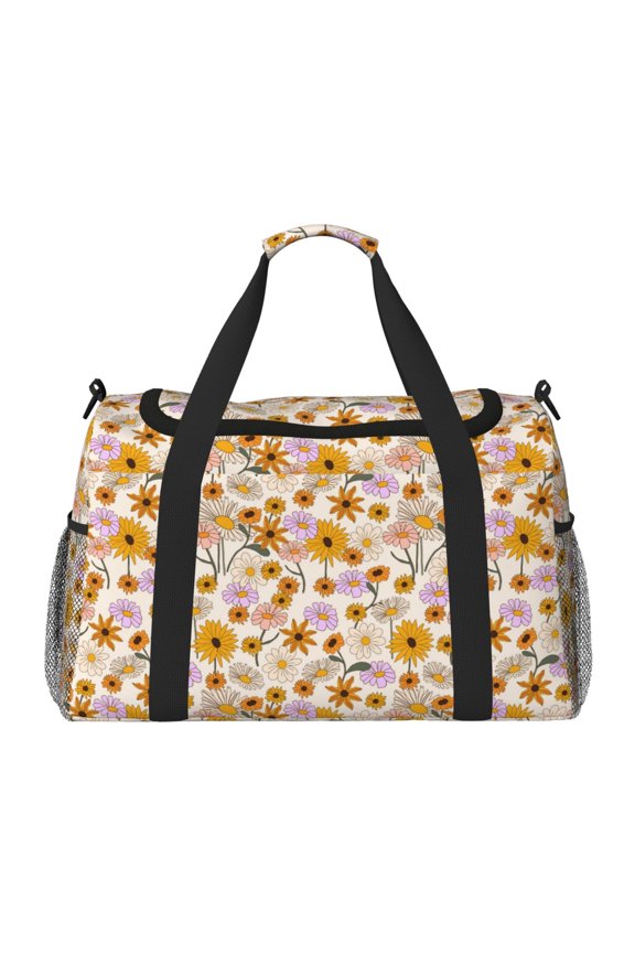 Boho Flowers Print Travel Duffle Bag,Weekender Bags for Women with Shoe Compartment, Gym Duffel Bag with Wet Pocket, Hospital Bags for Labor and Delivery