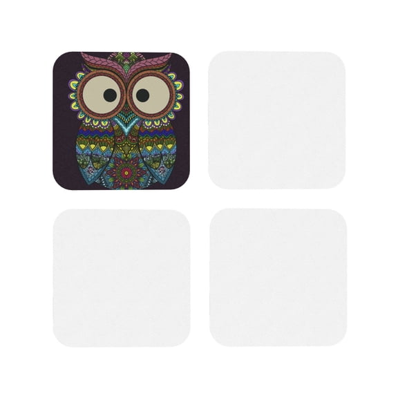 Picia Boho Owl Printed Leather Coasters for Drinks, 4" Drink Coasters Set of 4 for Tabletop Protection, Handmade Luxurious Home Décor and Housewarming Gift -Square