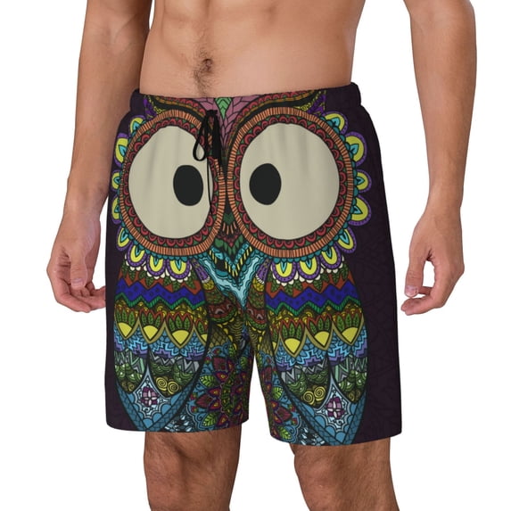 Picia Boho Owl pattern Mens Swim Trunks with Compression Liner Stretch Beach Shorts Quick Dry with Zipper Pockets No-Chafing Board Shorts-3X-Large