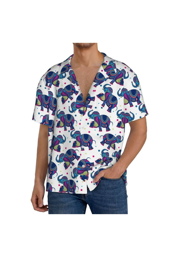 Boho elephant Pattern Men's Linen Shirts Short Sleeve Cuban Beach Shirts Casual Shirts Button Down Shirt for Men Beach Summer Wedding Shirt-3X-Large
