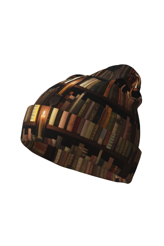 Bookshelves Pattern Knitted Beanie Hat for Men and Women , Unisex Winter Warm Stretchy Knit Cap Thick Fisherman Beanies Cuffed Plain Skull Caps