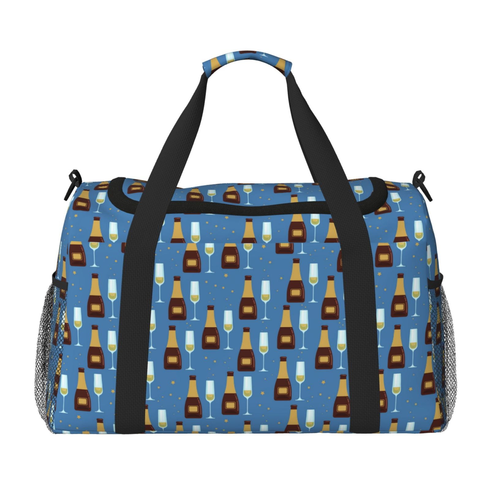 Picia Bottle And Glass Print Travel Duffle Bag,Weekender Bags for Women with Shoe Compartment, Gym Duffel Bag with Wet Pocket, Hospital Bags for Labor and Delivery