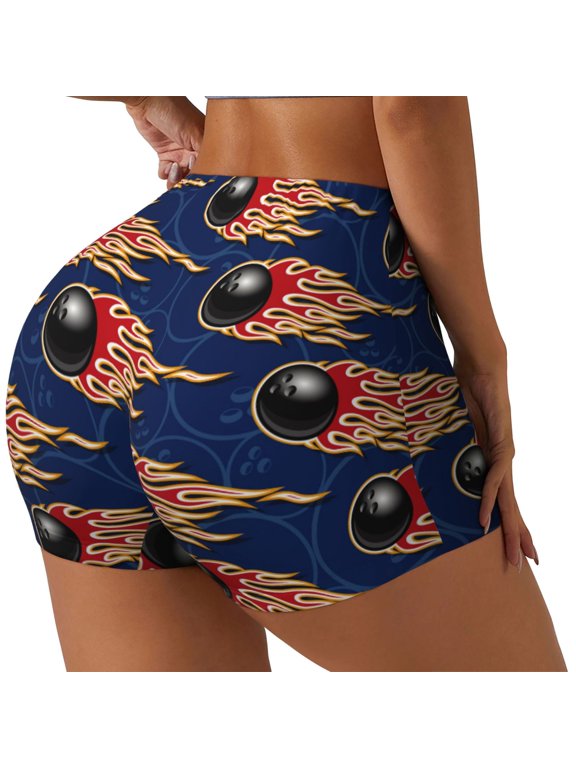 Bowling Ball And Flame Printed Workout Shorts for Women Seamless Scrunch Butt Lifting High Waisted Yoga Gym Booty Running Moisture-wicking Short Pants-XX-Large