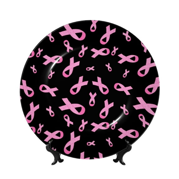 Picia Breast Cancer Awareness Pattern Bone China Decorative Plate – Wall Decor with Stand and Adhesive, Elegant Ornament for Living Room, Office, or Entryway-7in