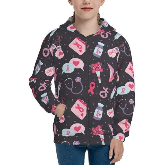 Picia Breast Cancer Awareness1 for Boys Fashion Full-zip Hoodies & Sweatshirts with Kangaroo Pocket,Zip-up Hooded Sweatshirt for Kid, Moisture Wicking & Breathable-Medium
