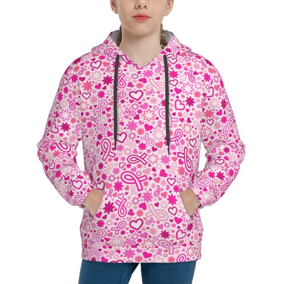 Picia Breast Cancer Awareness2 Pattern Youth Hoodie - Warm Pullover Sweatshirt with Kangaroo Pocket, Ideal for Boys and Girls-Small