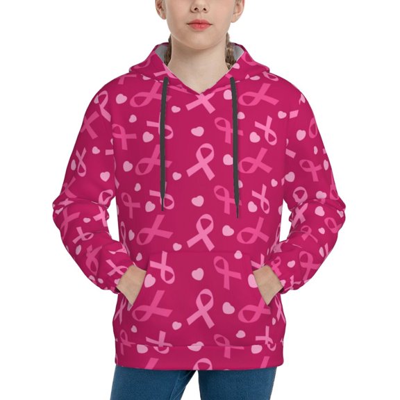 Picia Breast Cancer Awareness6 Pattern Youth Hoodie - Warm Pullover Sweatshirt with Kangaroo Pocket, Ideal for Boys and Girls-Large