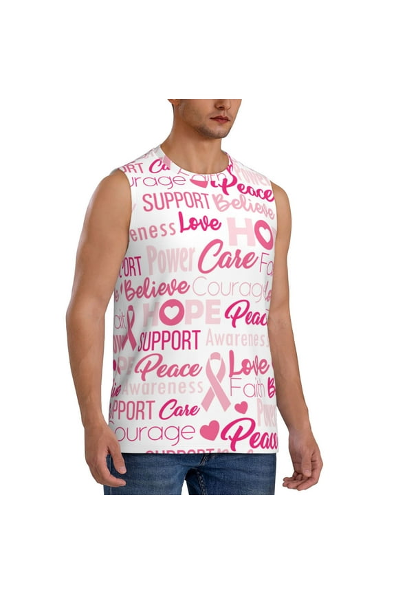 Breast Cancer Pink Ribbons Awareness (2) mens Cotton Tank Undershirts , Moisture-wicking Ribbed Tanks, Lightweight Cotton Tank Undershirts-Large