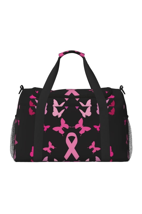 Breast Cancer Print Travel Duffle Bag,Weekender Bags for Women with Shoe Compartment, Gym Duffel Bag with Wet Pocket, Hospital Bags for Labor and Delivery