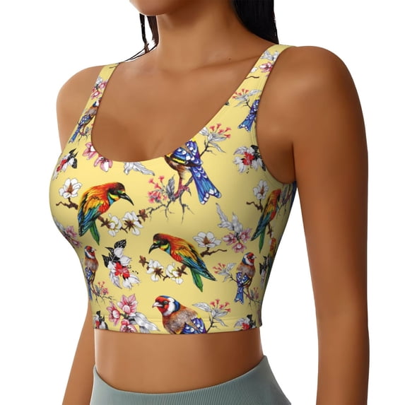 Picia Bright Birds Sports Bra for Women,Padded Strappy Sports Bras Medium Support Yoga Bra with Removable Cups,Running Yoga Bra-X-Large