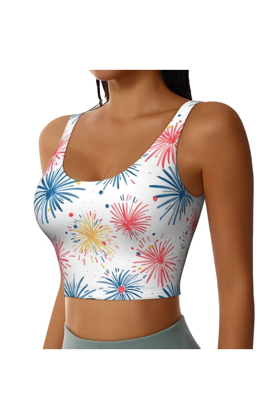 Bright Colorful Fireworks Sports Bra for Women,Padded Strappy Sports Bras Medium Support Yoga Bra with Removable Cups,Running Yoga Bra-Small