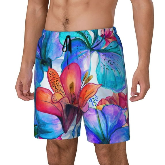 Picia Bright Flowers pattern Mens Swim Trunks with Compression Liner Stretch Beach Shorts Quick Dry with Zipper Pockets No-Chafing Board Shorts-Small