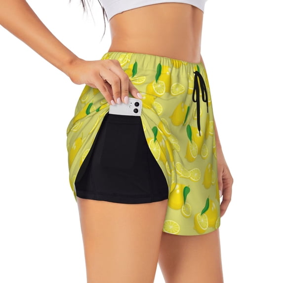 Picia Bright Lemons Pattern Women's 2 in 1 Athletic Running Shorts High Waisted Workout Casual Gym Sweat Shorts with Comfy Liner Zipper Pockets-Medium