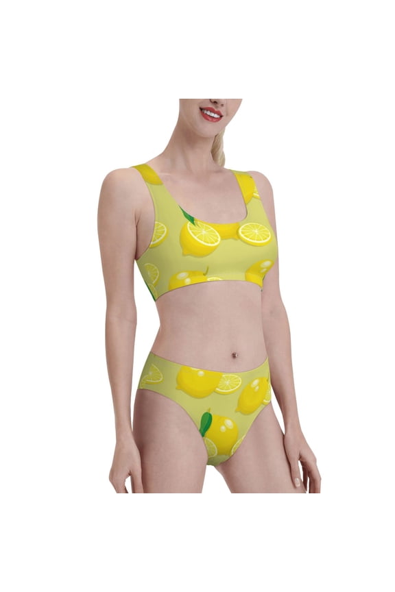 Bright Lemons Women's High Waisted Bikini Scoop Neck Swimsuit Two Pieces Bathing Suit-X-Large