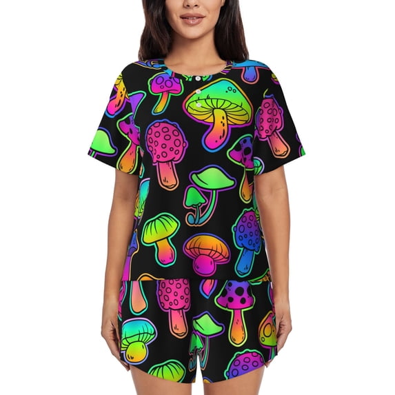 Picia Bright Mushrooms Pajamas Sets for Women Soft Short-Sleeved Pjs with Lounge Shorts Two Piece Sleepwear-