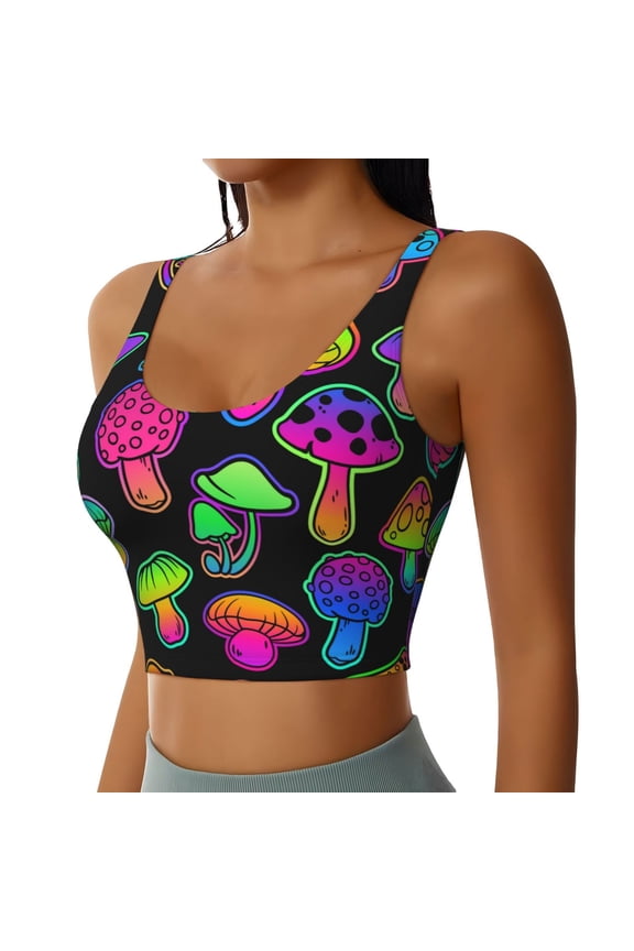 Bright Mushrooms Sports Bra for Women,Padded Strappy Sports Bras Medium Support Yoga Bra with Removable Cups,Running Yoga Bra-Small