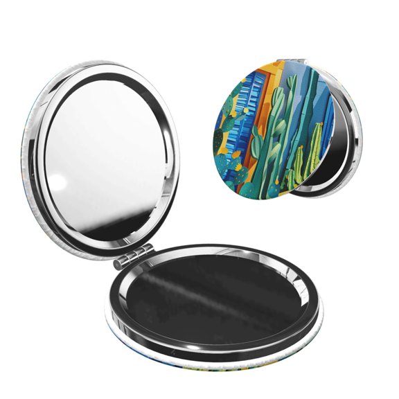 Picia Bright Paper Cactus Scene for Compact Vanity Mirror , Travel Makeup Mirror , Portable Magnifying Cosmetic Mirror for Daily, Work, Business-Round Shape