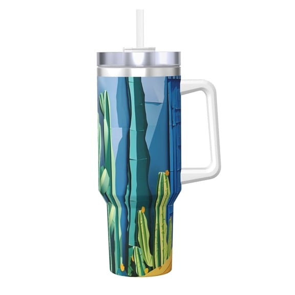 Picia Bright Paper Cactus Scene Pattern 40oz Ice Bully Insulated Tumbler with Handle, Double-Wall Stainless Steel Cup, Leak-Proof Lid and Straw