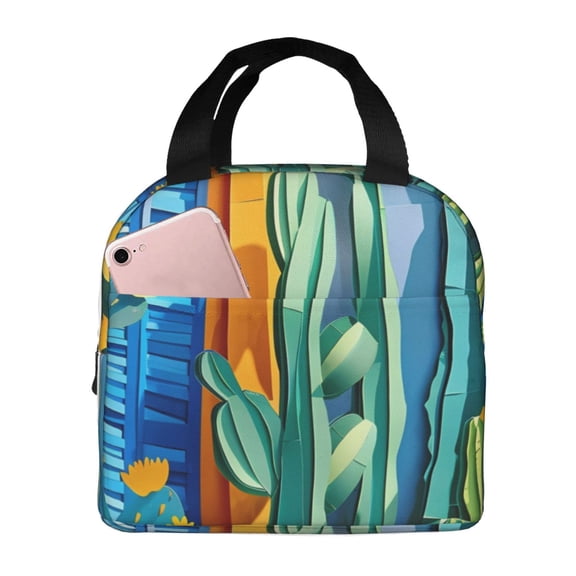 Picia Bright Paper Cactus Scene Printed Lunch box Lunch bag for Men Women Large Capacity Lunchbox Reusable Lunch Bags Insulated Lunch Bag Lunch Box Cooler