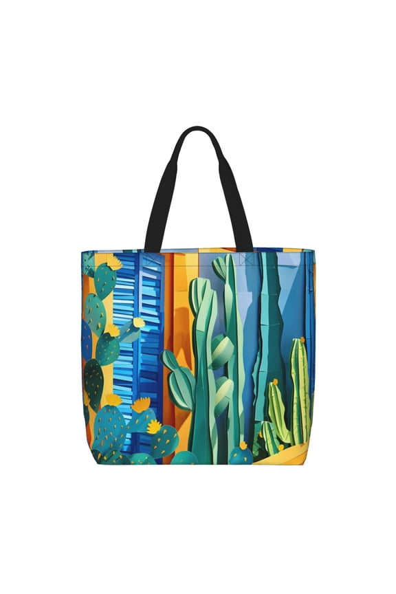 Bright Paper Cactus Scene for Tote Bag for Women with Zipper, Gym Tote with Compartments, Laptop Work Tote Nurse Dance Yoga Bag for Sport, Travel