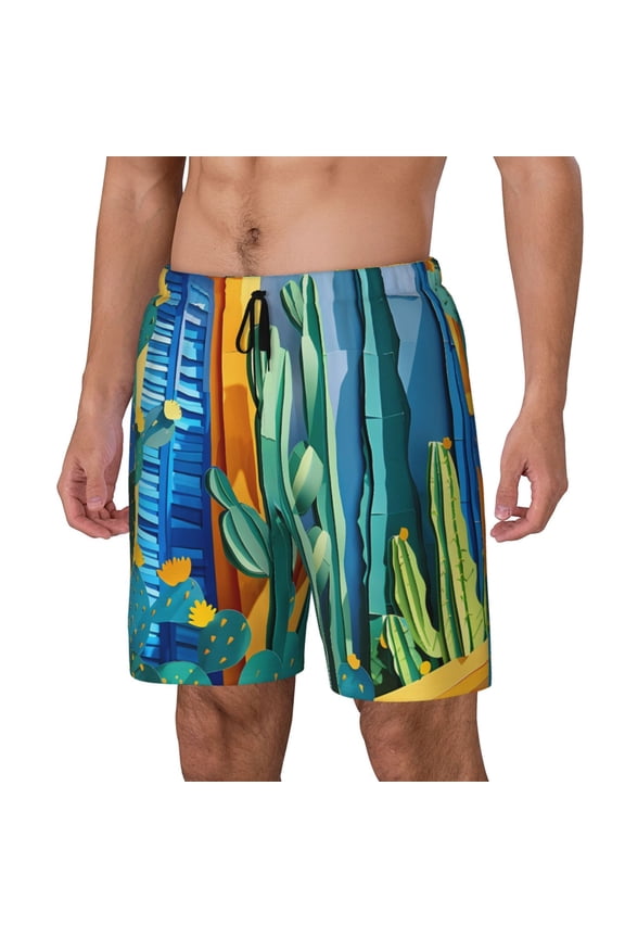 Bright Paper Cactus Scene pattern Mens Swim Trunks with Compression Liner Stretch Beach Shorts Quick Dry with Zipper Pockets No-Chafing Board Shorts-Small
