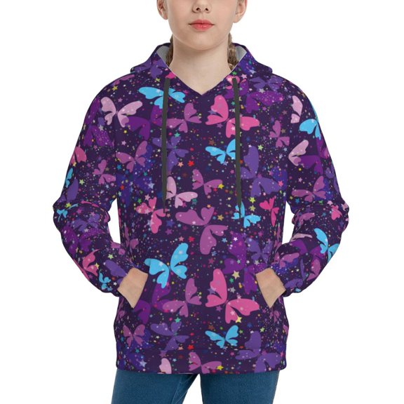 Picia Bright Purple Butterflies Pattern Youth Hoodie - Warm Pullover Sweatshirt with Kangaroo Pocket, Ideal for Boys and Girls-Medium