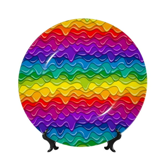 Picia Bright Rainbow Pattern Bone China Decorative Plate – Wall Decor with Stand and Adhesive, Elegant Ornament for Living Room, Office, or Entryway-10in