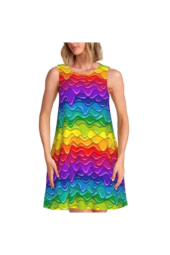 Bright Rainbow Print Women’s Sleeveless Midi Swing Dress – A-Line Pleated Tank Sundress, Comfortable and Flowy T-Shirt Dress
