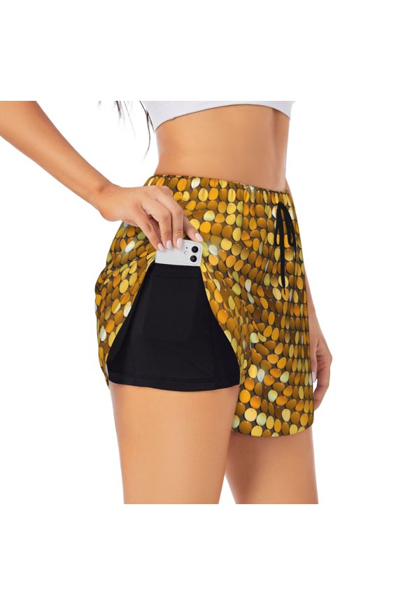 Bright Shiny Golden Pattern Women's 2 in 1 Athletic Running Shorts High Waisted Workout Casual Gym Sweat Shorts with Comfy Liner Zipper Pockets-Large