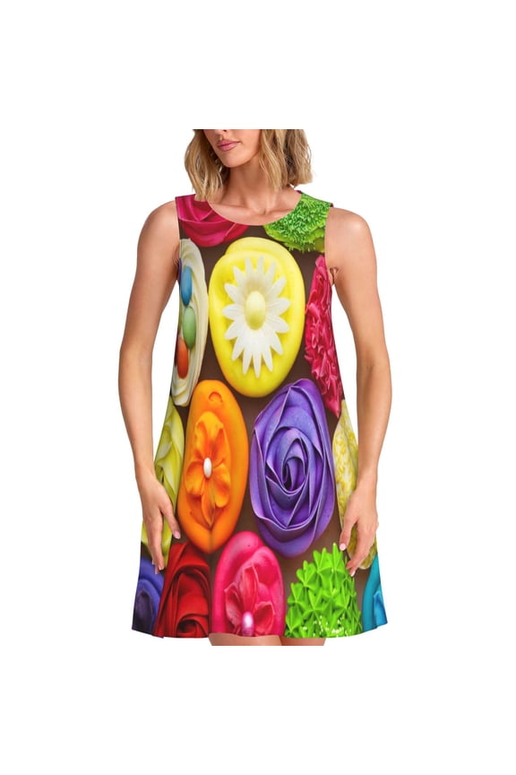 Brightly Colored Cupcakes Print Women’s Sleeveless Midi Swing Dress – A-Line Pleated Tank Sundress, Comfortable and Flowy T-Shirt Dress