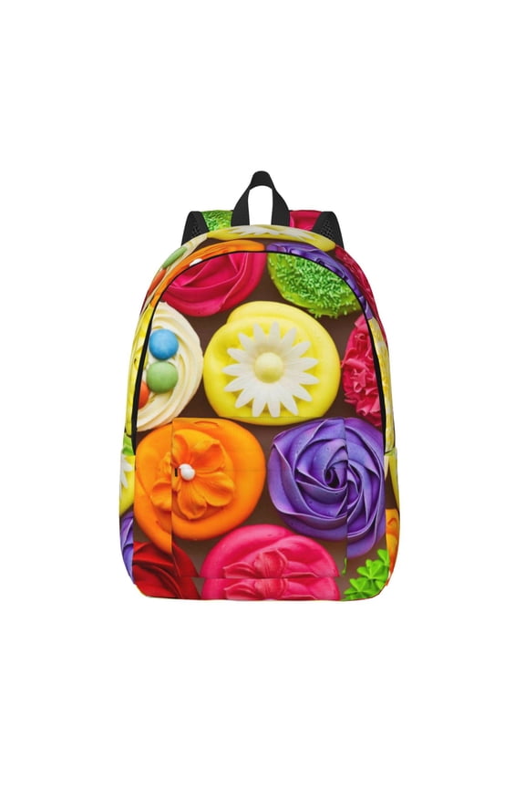 Brightly Colored Cupcakes Printed Canvas Daypack - Stylish and Durable Vintage Compact Backpack - Class, Work, Travel, or Laptop Bookbag,Organized Compartments-Medium